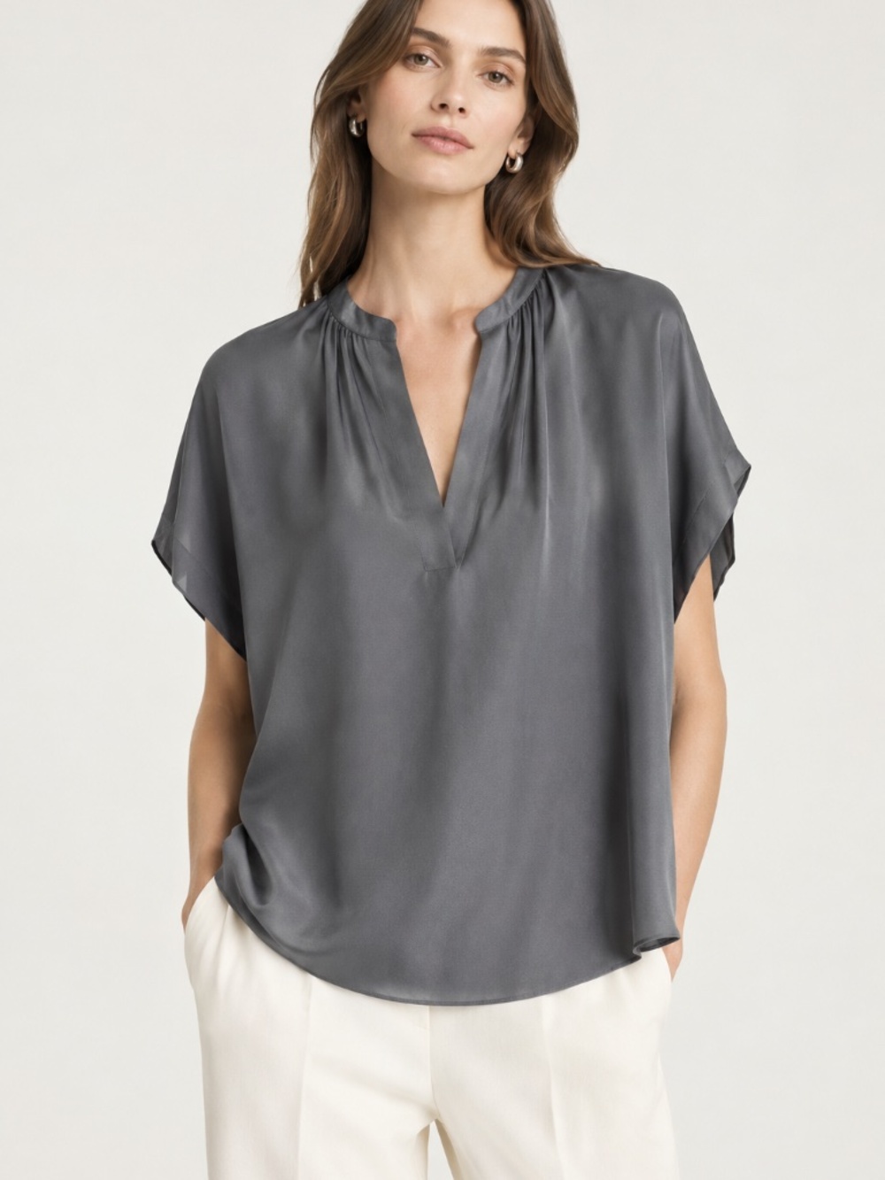 Vince 100% Silk Charcoal Gray Relaxed V-Neck Dolman Sleeve Blouse Top Size S/P